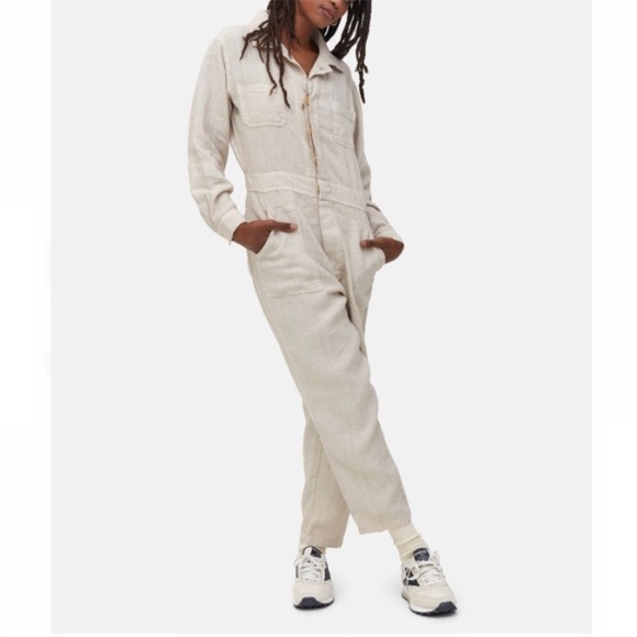 Mate the Label Linen Long Sleeve Jumpsuit Natural Sz Large - Picture 2 of 14